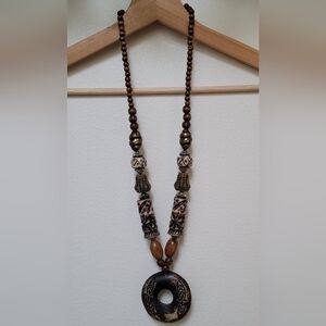 Wood Beaded Necklace w/ Carved Pendant
